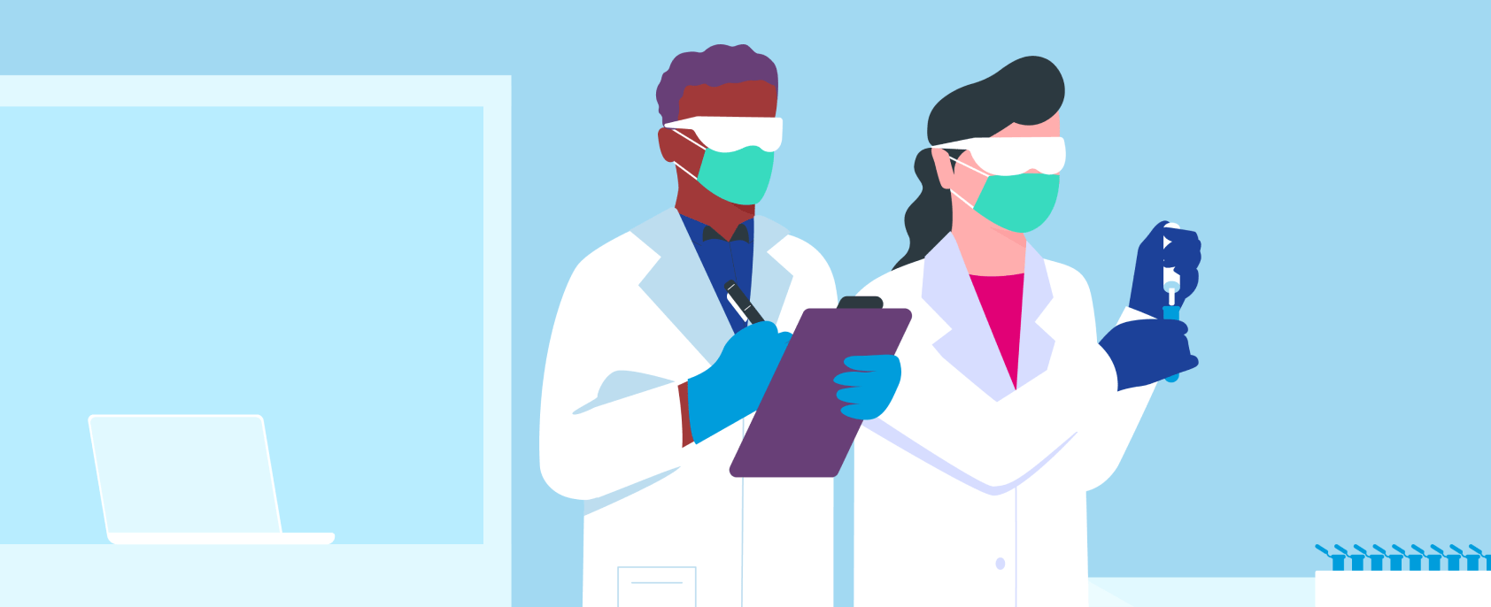 Female and male scientist in white coats representing clinical trials