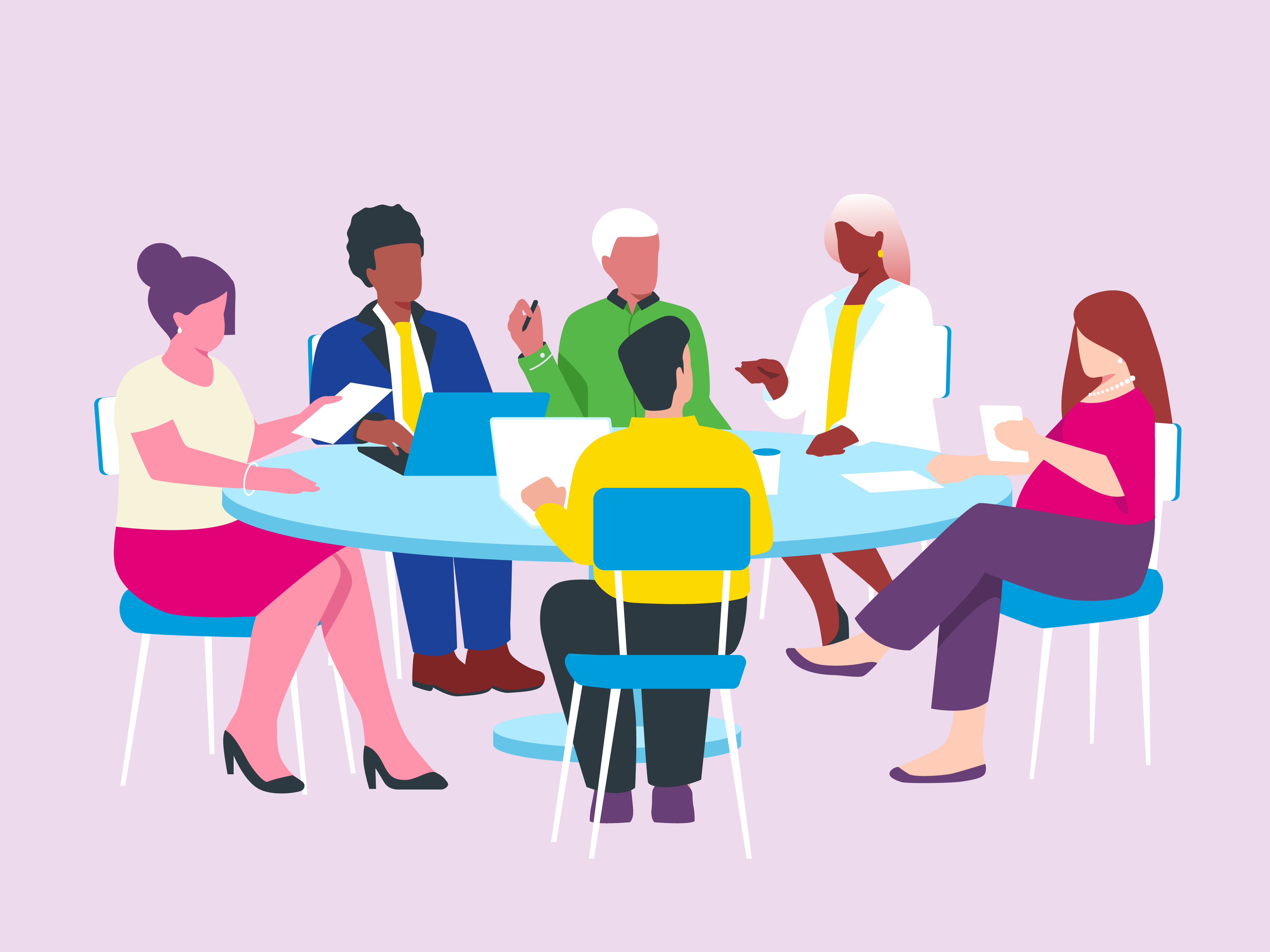 Group of business women and men at a table representing a board of directors