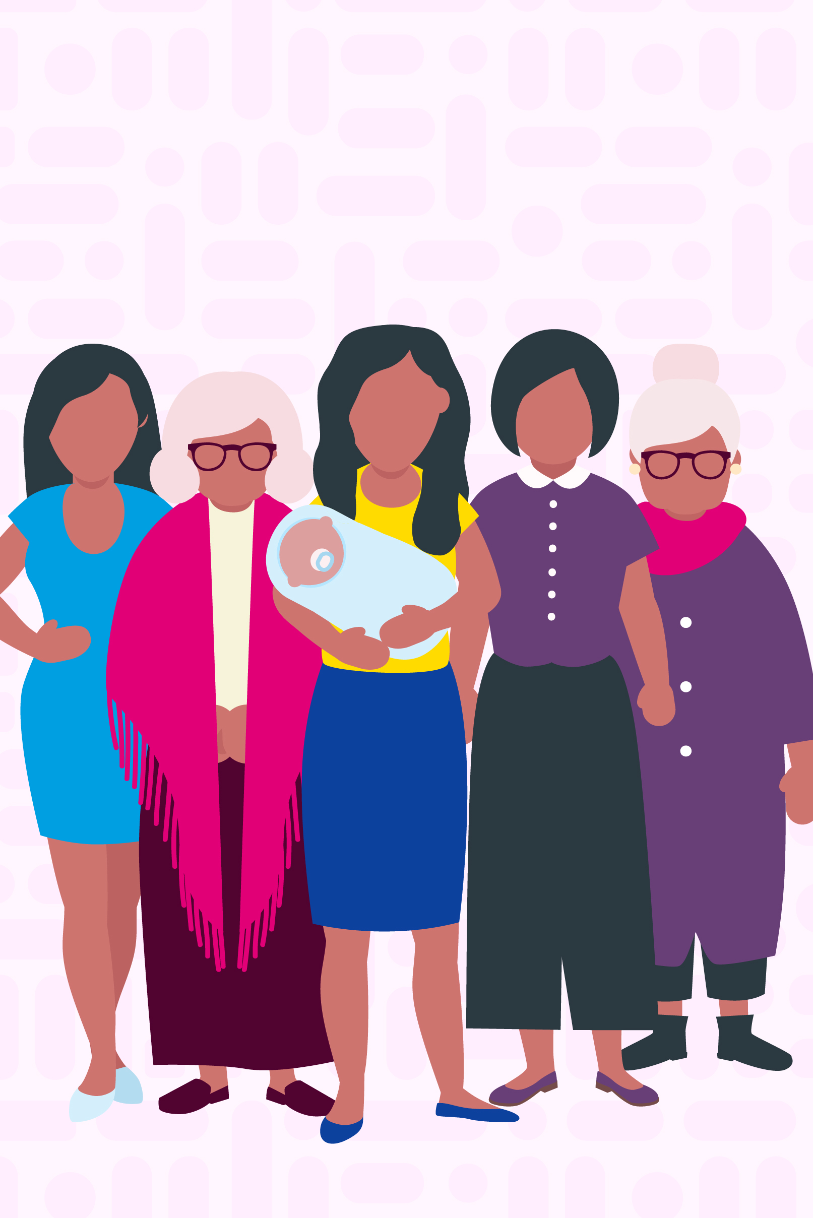 Illustration of group of women of different ages representing stages of her life journey