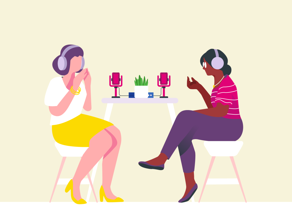 Illustration on two women sitting at table with headphones speaking into microphones